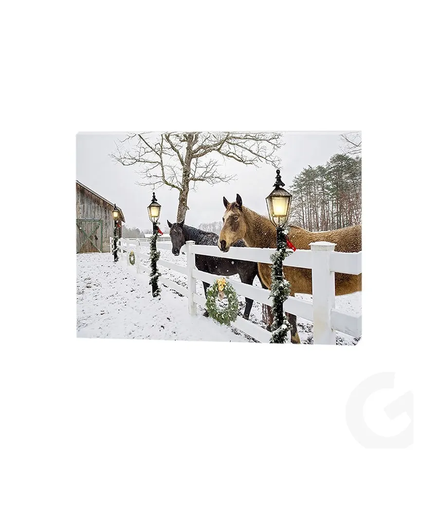 Quadro natalizio luminoso paesaggio innevato con due cavalli- Il patio store