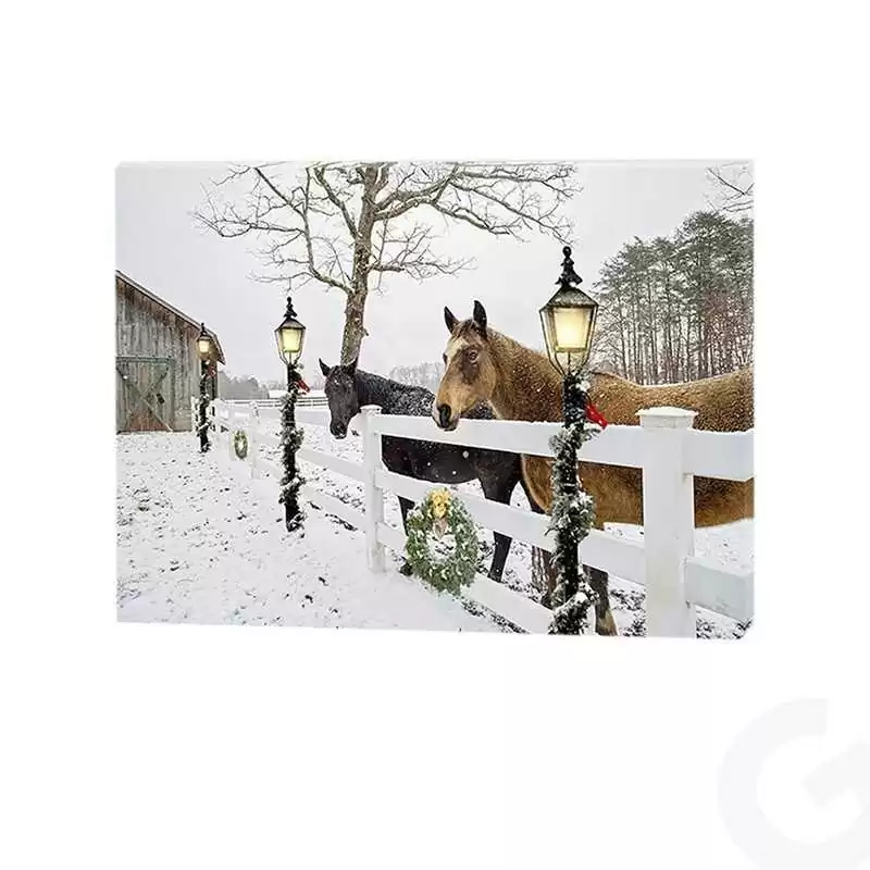 Quadro natalizio luminoso paesaggio innevato con due cavalli- Il patio store