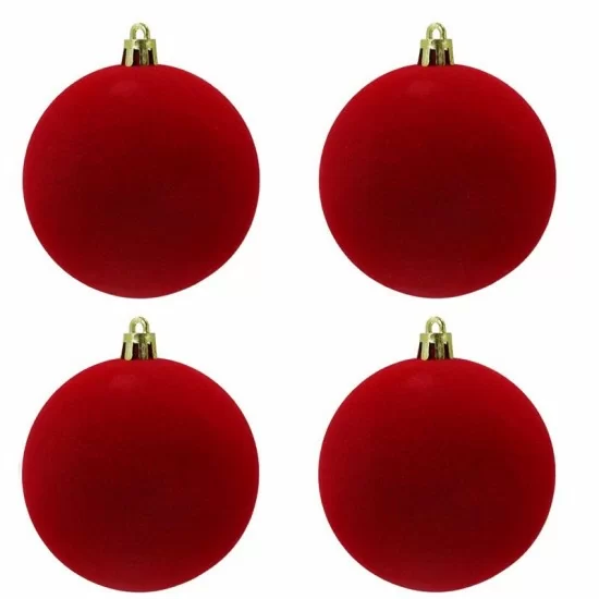 Box 4 palle di Natale in plastica e velluto colore rosso Ø10cm - Il patio store