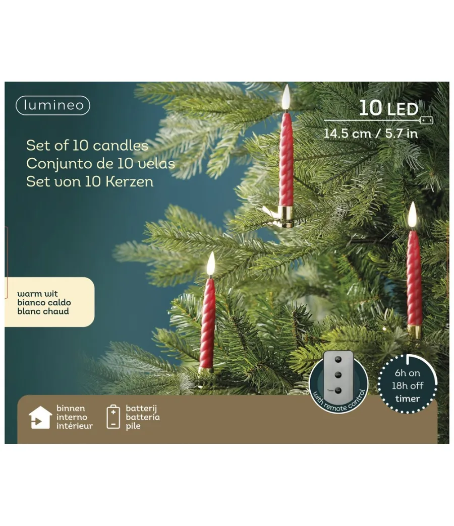 Set 10 candele LED rosse a clip Lumineo 487573 con effetto fiamma viva, agganciate ai rami di un albero