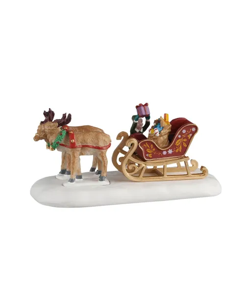 Lemax Sled of Toys 63811: slitta dorata con renne ed elfo che lancia i regali