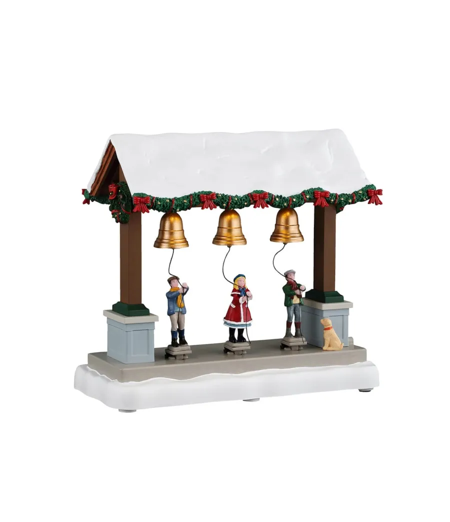 Lemax Christmas Bells Are Ringing 64637: pergola con tre campane dorate suonate da tre figuranti e un cane