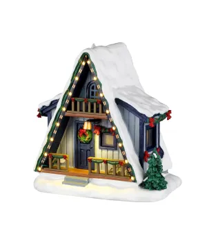 Lemax A-Frame Rental Home 64678: casetta di montagna illuminata a tetto spiovente con balcone