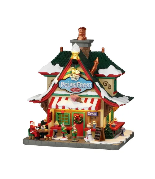 Lemax Polar Frost Ice Cream Parlor 65531: gelateria illuminata con Babbo Natale ed elfi