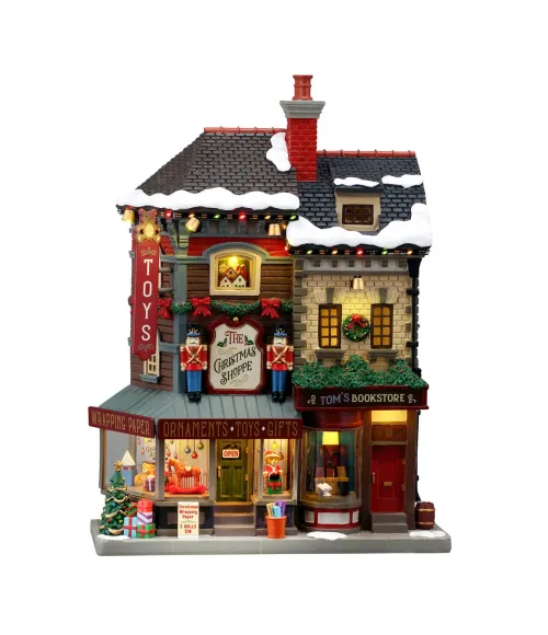 Lemax The Christmas Shoppe 65568: facciata illuminata con negozio di regali, schiaccianoci e libreria