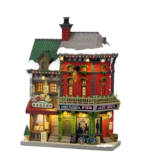 Lemax King's Corner Pub 65569: facciata illuminata con pub d'angolo e panetteria rustica