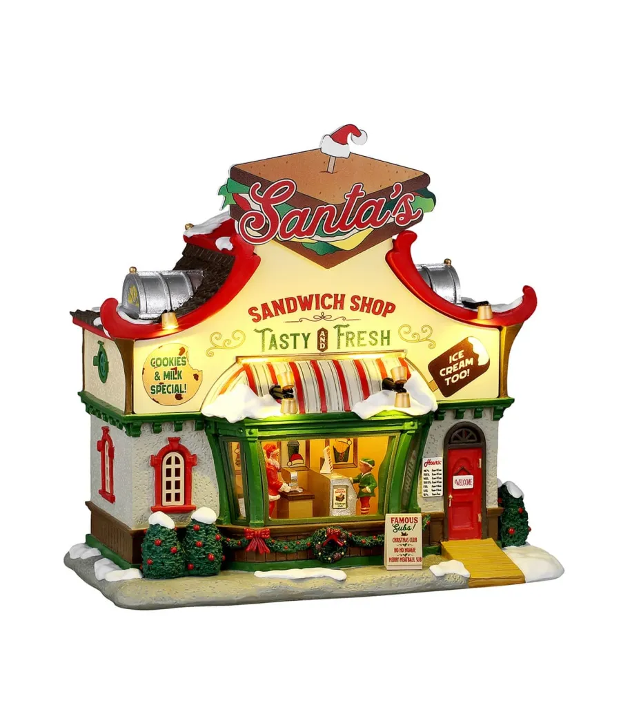 Lemax Santa's Sandwich Shop 65570: paninoteca illuminata con insegna a panino e Babbo Natale al banco