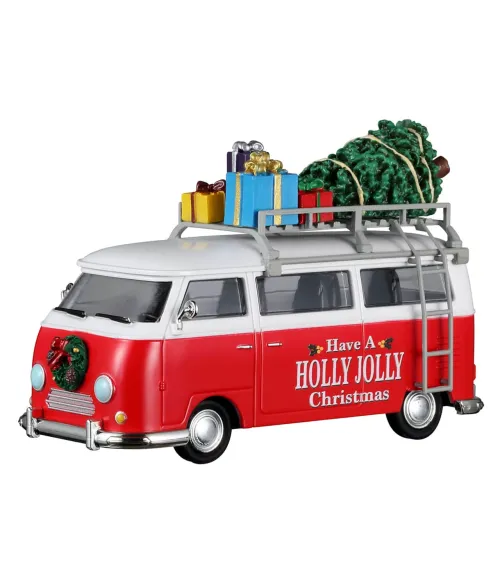 Lemax Christmas Van 43721: furgoncino rosso d'epoca con albero di Natale e regali sul portapacchi